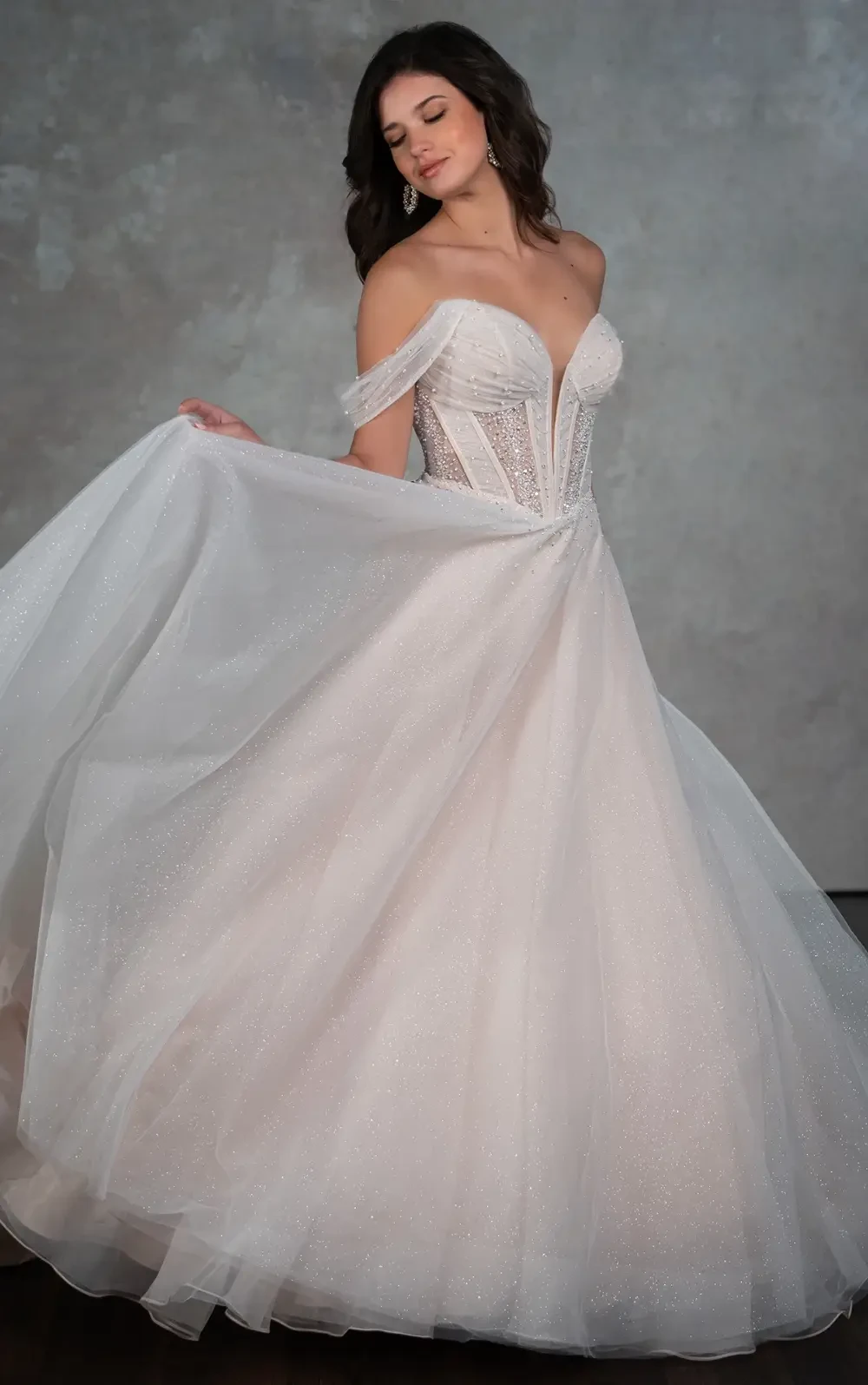 Essense of Australia D4130 Enchanting Princess A-Line Wedding Dress with Detachable Off-the-Shoulder Straps - A-line wedding dress with glittering tulle and sheer geometric cutouts